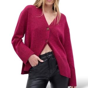 GAP 100% Cotton 24/7 Pomegranate Pink Split Hem Button Front Cardigan Sz XL